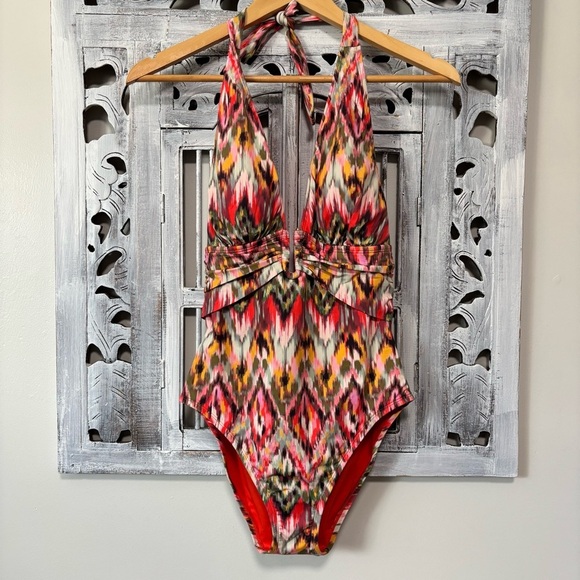 Bleu Rod Beattie Orange Boho Free Spirit Plunge Halter One Piece Swim Suit NWOT - Picture 6 of 13